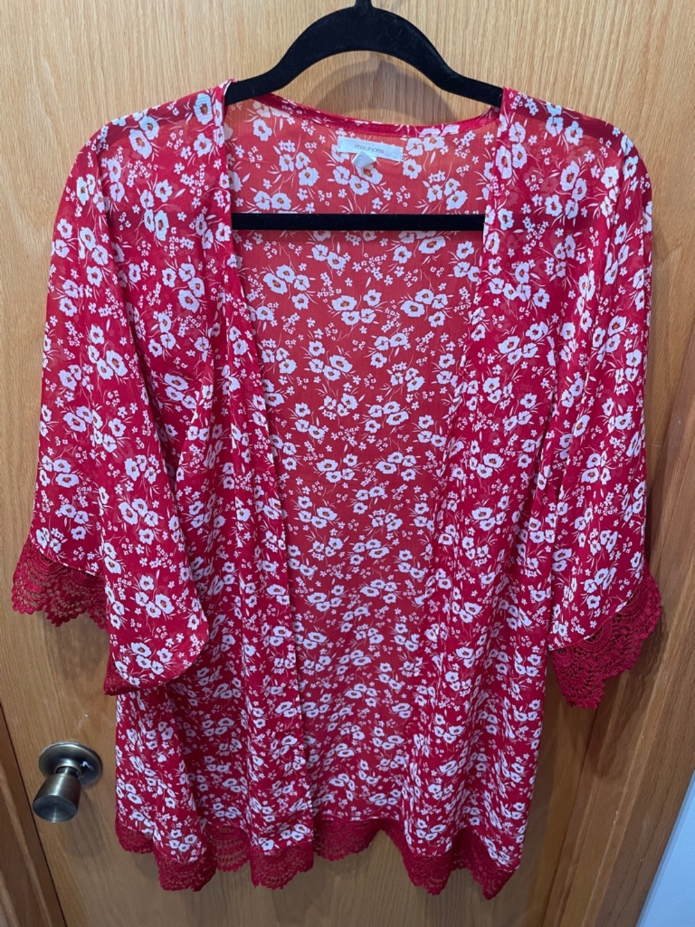 Maurices Red Floral Open Kimono